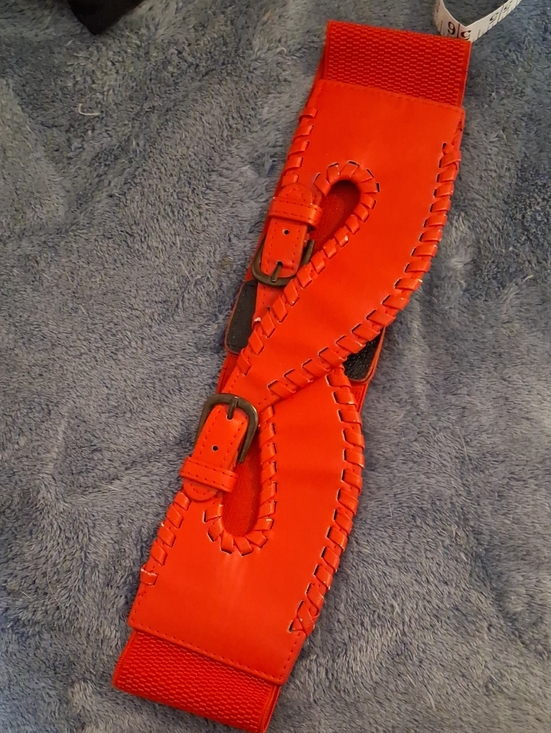 no brand Accessories - Wide Red Elastic Stretchy Statement Waist Belt with Double Buckle Detail